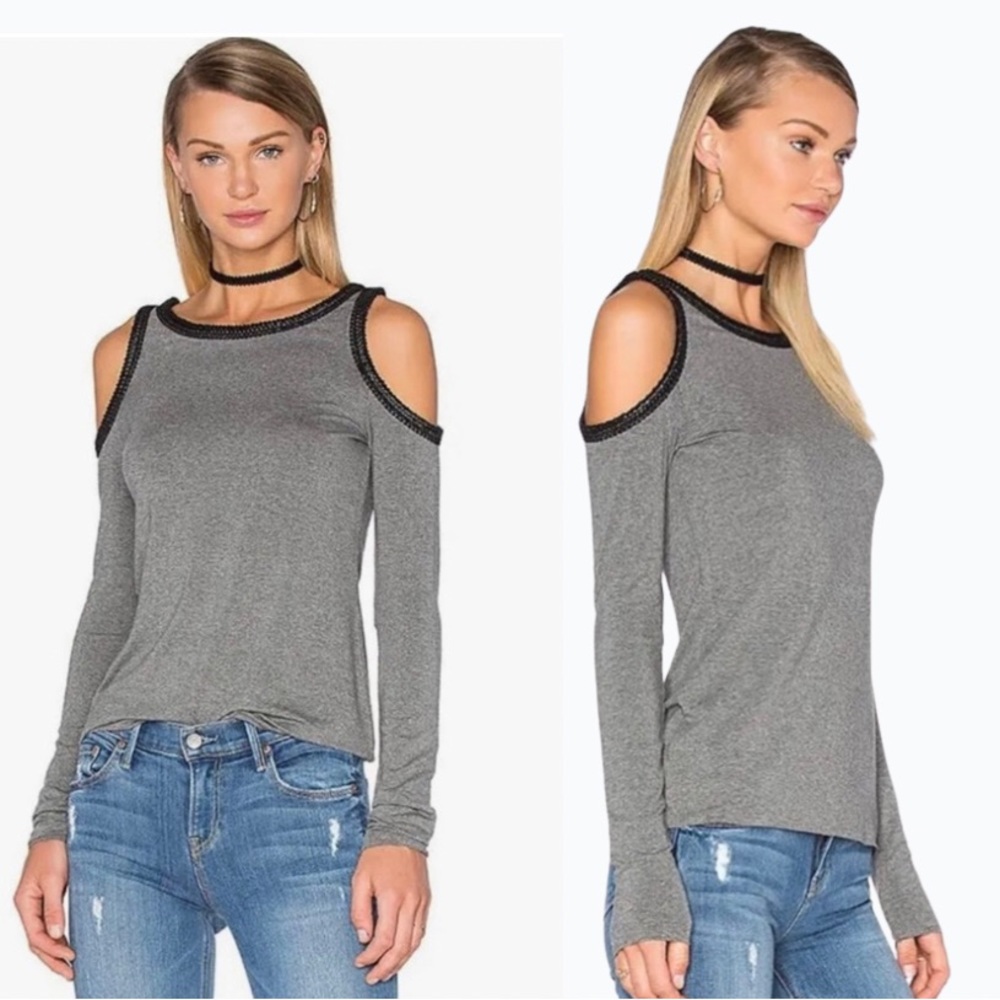Bailey 44 Harlow Cold Shoulder Cut-Out Gray Faux Leather Trim Long Sleeve Top